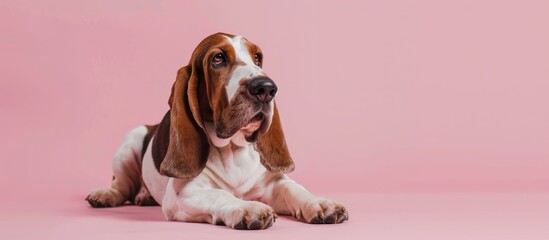 Photo of a basset hound lying on a soft pink background, a postcard with a place for text