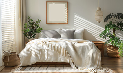 Fototapeta premium Fringed Woven Throw Blanket Mockup on sofa in room
