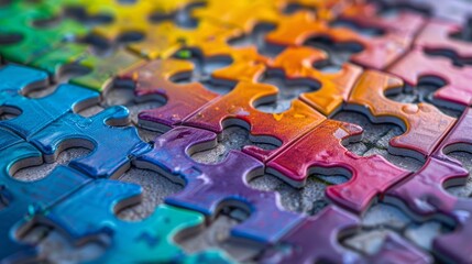 Colorful puzzle pieces on a textured surface in various states of connection. Concept of problem-solving and teamwork, Close-up