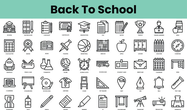 Set of back to school icons. Linear style icon bundle. Vector Illustration