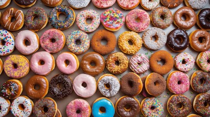 Variety of colorful doughnuts on display. High-angle view of a delicious selection of frosted sweet treats