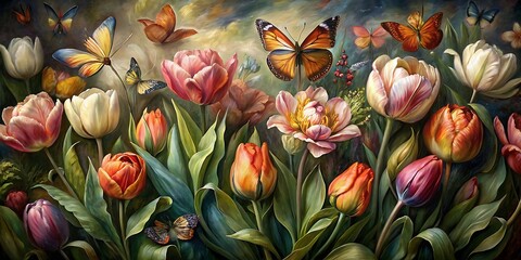 Beautiful Tulips Oil Painting , Spring Flowers Background, Summer Floral Landscape, Tulips in Oil Paint, Seasonal Blossom Background - obrazy, fototapety, plakaty