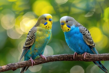 Two Parakeets Perched on a Branch in a Tree