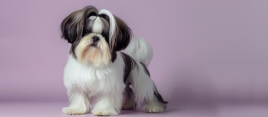 Photo portrait of a beautiful Shih Tzu dog on a soft purple background. Postcard of a dog with a place for text