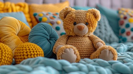 Brown Bear Sitting on Top of a Bed