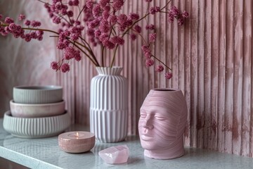 Pink Vase With Plant Among Other Vases