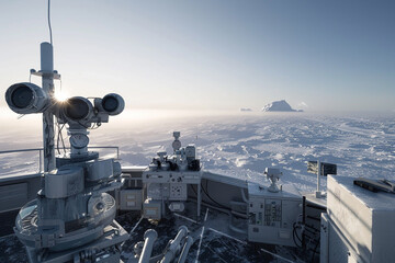 A realistic photo of an Antarctic research station, showing scientific instruments and equipment against the vast, icy landscape under a clear sky.