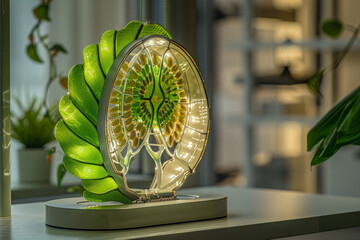 A realistic photo of a chloroplast model, detailing the thylakoid stacks and stroma, set in an educational setting with a light source emphasizing its photosynthetic role.