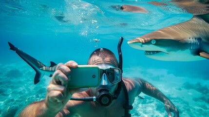 Diver taking a selfie with a shark using a smartphone. Underwater photography and marine...