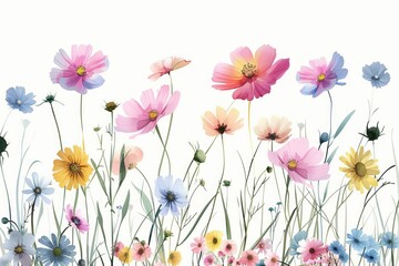 Wild flowers blooming in a lush meadow, isolated on white, vibrant colors and delicate petals, floral illustration