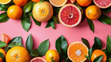Group of Oranges and Grapefruits on Pink Background