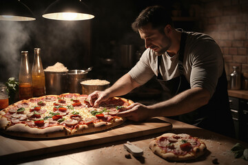 A man making pizza. For food market or restaurant. Background for design, print, card, banner, poster, flyer, advertising, wallpaper, menu.