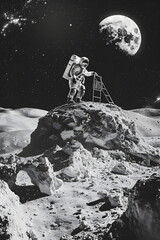 Historic Representation of Moon Landing Moment with Lunar Landscape and Earth in Horizon - obrazy, fototapety, plakaty