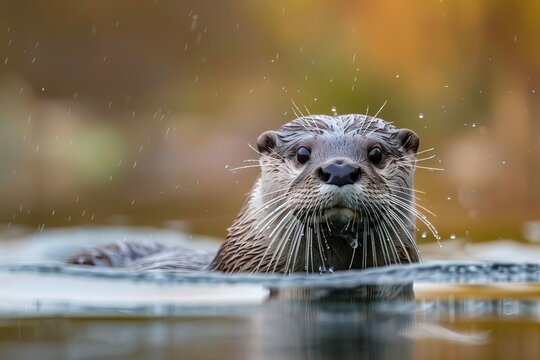 Eurasian otter, Lutra lutra, swimming in natural river habitat, wildlife photography