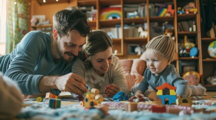 Happy family playing with toys on the floor at home. Early childhood development and parenting concept. Design for family services, parenting blogs, and child care resources