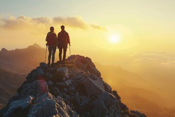 Couple hiking on a mountain summit at sunset, enjoying success and breathtaking view, adventure landscape - obrazy, fototapety, plakaty