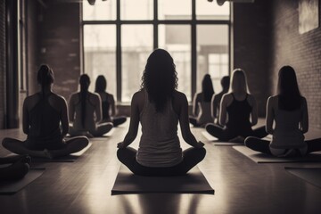 Yoga class in the yoga studio filled with natural light. Self care, mental health concept
