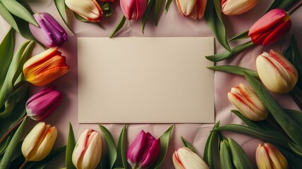 Blank sheet of paper and colorful tulip flowers frame mockup