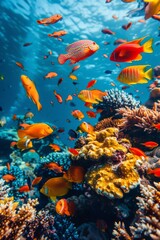 Naklejka na ściany i meble School of Fish Swimming Over Coral Reef