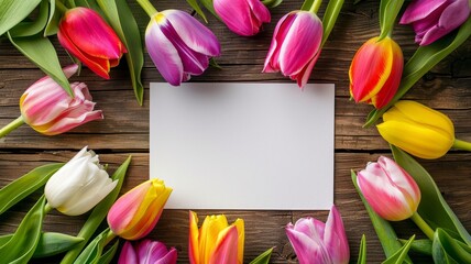 Blank sheet of paper and colorful tulip flowers frame mockup