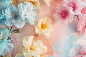 Soft fabric flowers in a palette of pastel colors are tenderly arranged on a canvas with gentle brushstrokes, evoking a springtime art piece..