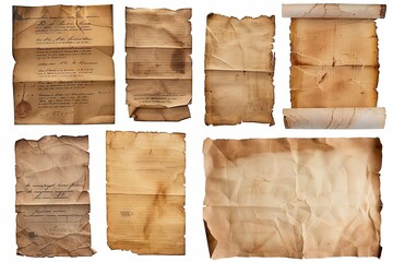 Collection of aged vintage paper textures isolated on white background, old document design elements
