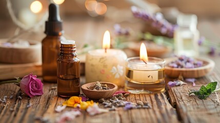 Obraz na płótnie Canvas Aromatherapy set with essential oils, candles, and dried flowers. Spa and relaxation concept. Warm intimate lighting for cozy atmosphere