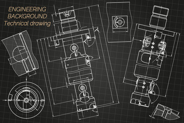Mechanical engineering drawings on black background. Tap tools, borer. Technical Design. Cover. Blueprint. Vector illustration.