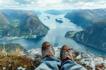 Hiker resting on mountain summit, feet in hiking shoes, panoramic landscape view of lake and fjord