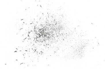 Wooden pencil shavings, black lead from sharpener flying isolated on white, clipping path
