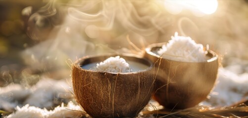 Steaming coconut bowls with rice on a natural background. Warm, soft light backlit composition. Healthy food and tropical lifestyle concept