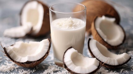 Glass of coconut milk surrounded by fresh coconuts and flakes on a textured background. Dietary and vegan nutrition concept