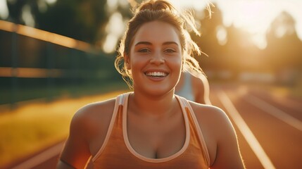 A close-up of a woman in sportswear jogging on a running track, with the golden glow of sunset...