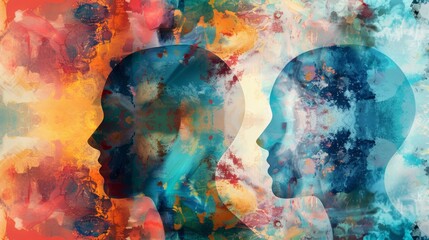 Abstract profiles with colorful watercolor splashes. Creative conceptual art. Psychology and art therapy concept for design and print