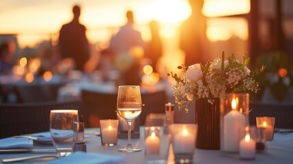 A romantic outdoor roof top dining setting as the sun sets, with guests enjoying the ambiance of warm candlelight and city views. Birthday, corporate party celebration.
