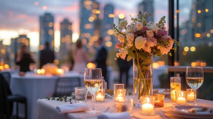 A romantic outdoor roof top dining setting as the sun sets, with guests enjoying the ambiance of warm candlelight and city views. Birthday, corporate party celebration.