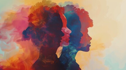 Watercolor profile silhouettes blending with vibrant smoke clouds. Artistic concept of human emotion and creativity for design and print