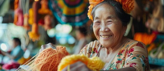 A joyful woman with a wide smile is tightly holding a colorful bunch of yarn at a vibrant market stall