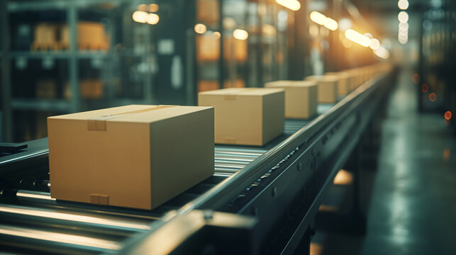 Cardboard boxes moving on a conveyor belt in a modern warehouse Online shopping delivery logistics and storage concept