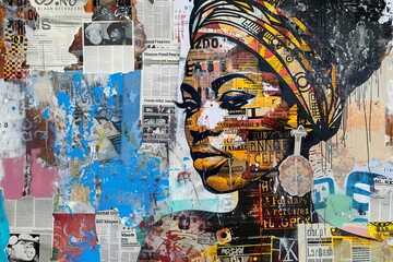 African Woman Graffiti Art Collage, Colorful Urban Street Art with Newspaper Clippings, Mixed Media Illustration