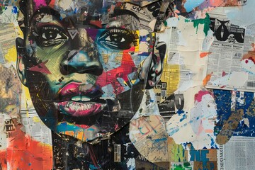 African Woman Graffiti Art Collage, Colorful Urban Street Art with Newspaper Clippings, Mixed Media Illustration