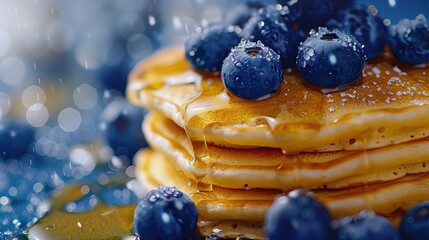 Baked pancakes with blueberries, syrup, liquid topping - obrazy, fototapety, plakaty