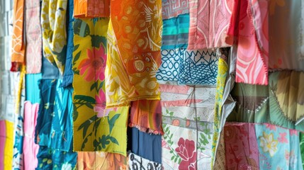 An array of vibrant fabric pieces showcasing different patterns, textures, and colors, suitable for diverse crafting and sewing projects..