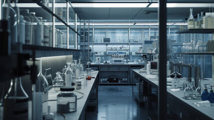 A pharmaceutical research laboratory with advanced equipment and lab benches, patiently waiting for scientists to resume their investigations