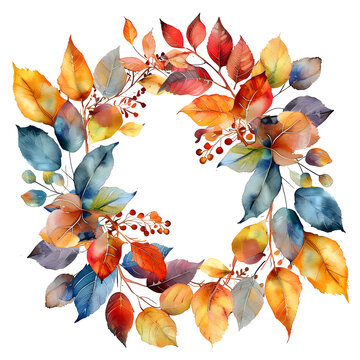 Autumnal colored leaves painted with watercolor as a wreath frame isolated on a transparent background