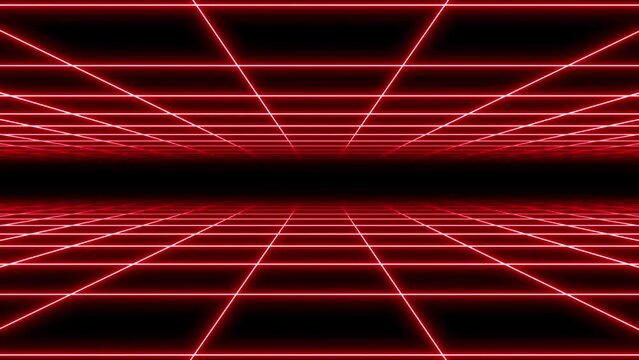 4K Double Parallax Retro Abstract VJ Motion Background Loop Inspired by 1980's: Infinite Flight Over Glowing Red Neon Square Grid, 3D Abstract 1980's Retrowave Cyberpunk Perspective Background 