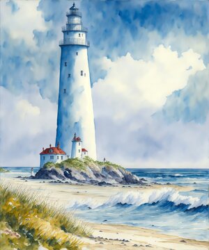 artistic abstract watercolor painitng of lighthouse