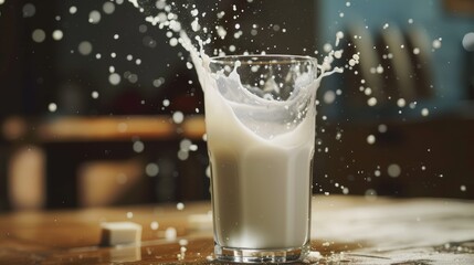Milk splashing over the edge of a full glass. Dairy product concept with lively action. High-speed photography with warm background
