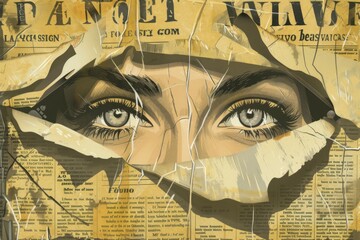 A striking collage portrait woman eyes, pieced together from newspaper snippets , conveys a strong message about media and identity. Newspaper Collage Effect background