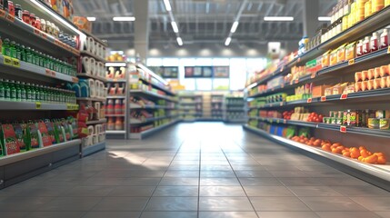 Interior view of a modern grocery store and customer, blurred background with bokeh light. AI generated illustration